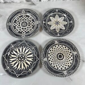 222 Fifth San Marco Salad Plates Set of 4 Unique Geometric Patterns Black White